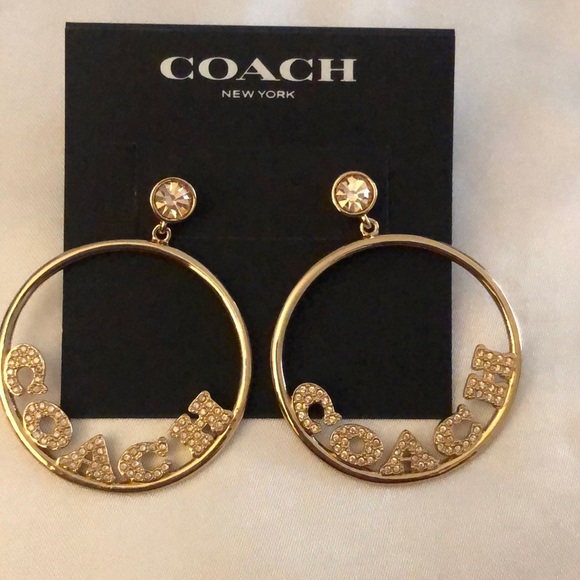 Coach Gold Tone Signature Frontal Logo Hoop Earrings Crystal Accents NWT - Picture 2 of 14
